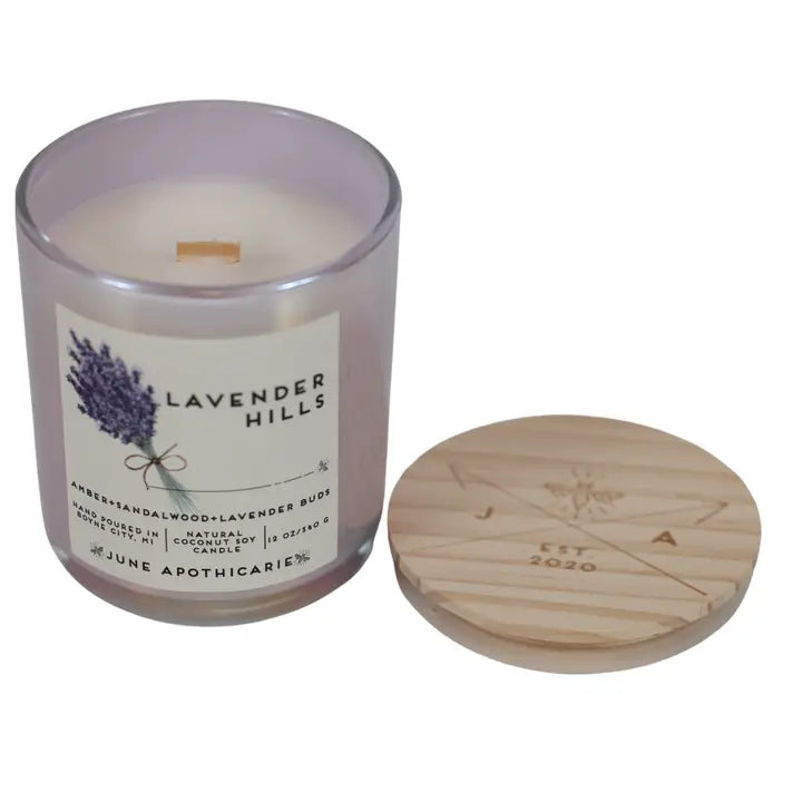 Lavender Hills 12 oz Glass Wooden Wick Candle