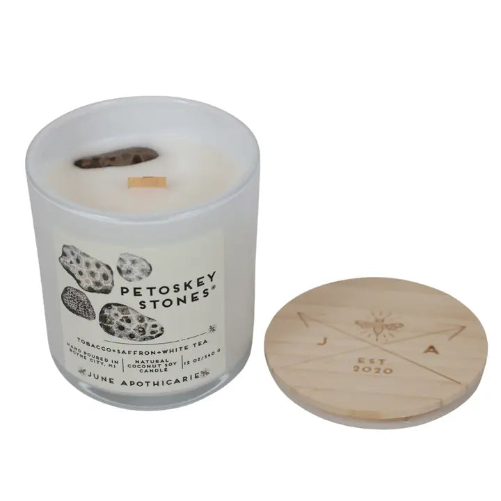 Petoskey Stones 12 oz Glass Wooden Wick Candle – June Apothicaire